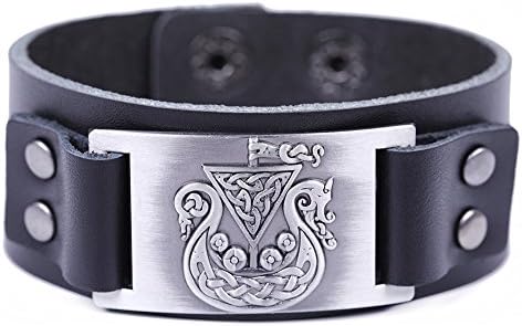EUEAVAN Viking Pirate Ship Triquetra Dragon Pattern Bracelet for Men and Women (Antique Silver,Black Leather)