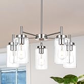 VINLUZ Contemporary 5 Light Large Chandeliers Modern Clear Glass Shades Pendant Lighting Brushed Polished Nickel Dining Room 