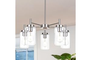 VINLUZ Contemporary 5 Light Large Chandeliers Modern Clear Glass Shades Pendant Lighting Brushed Polished Nickel Dining Room Lighting Fixtures Hanging Adjustable Wire Semi Flush Ceiling Lights