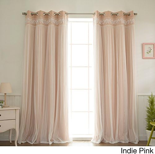 Aurora Home Lace Overlay Room Darkening Grommet Top Curtain Panel Pair Pink 52 x 96 96 Inches