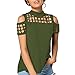 Tsmile Summer Women Fashion Short Sleeve Tops Off Shoulder Hollow Out Loose Fit Casual T-Shirt Slit Blouse Army Green