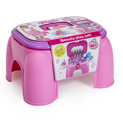 Next Milestones Girls Vanity Makeup and Stool Seat with Jewelry Toy Set, Hair Dryer with Sound, Hair Brush, Necklace, Lipstick, Nail Polish, Mirror and more