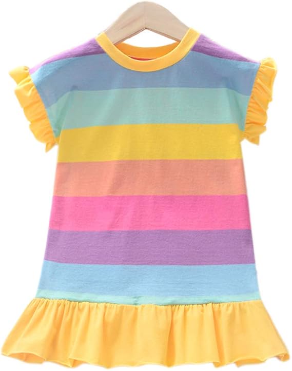 Amazon Co Jp Suheti ボーダー ワンピース フリル袖 裾ギャザー フレア 子供 半袖ワンピース 女の子 夏 カラフル レインボー Clothing Accessories
