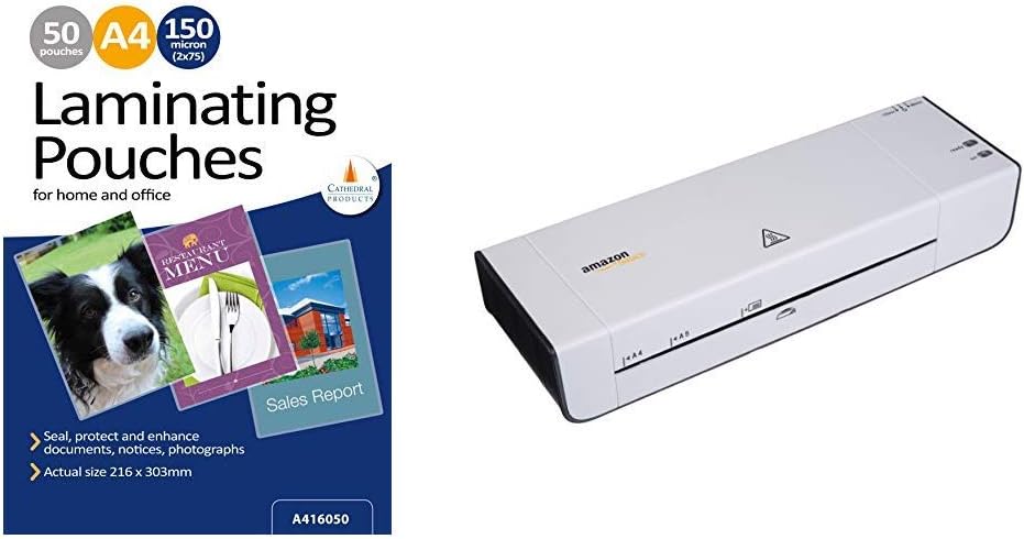 Cathedral Laminating Pouches 150 Micron 50pk A4 & AmazonBasics A4 Thermal Laminator