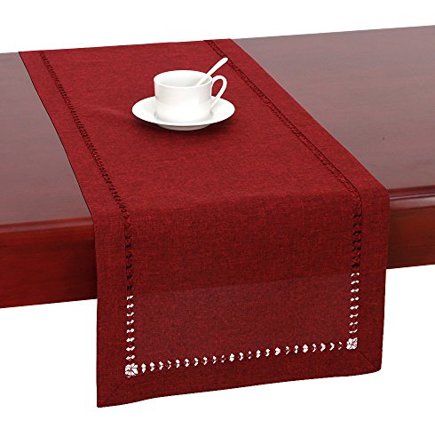 Handmade Hemstitched Polyester Rectangle Table Runners And Dresser Scarves, Cranberry 14x54 inch