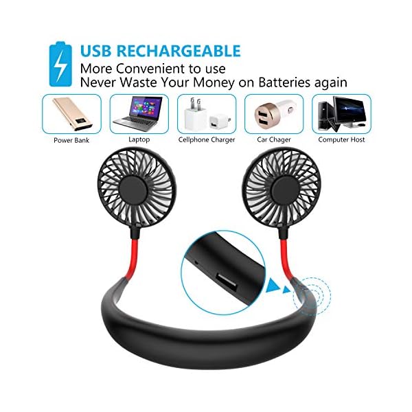 Portable Neck Fan, Handsfree Mini USB Neck Fan Rechargeable Wearable Neckband Fan, Desk Fan, Necklace Fan with Dual Wind…