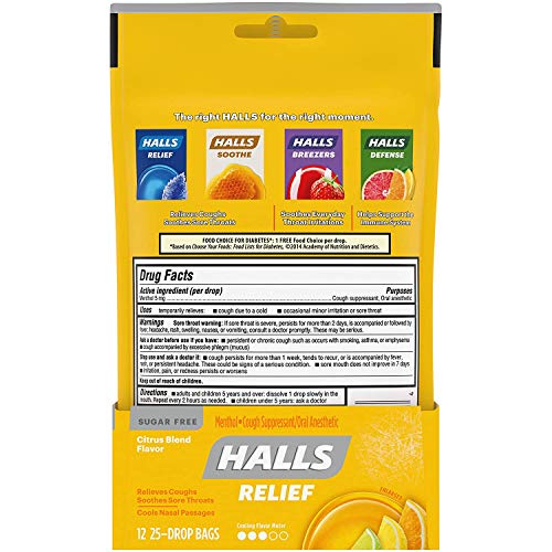 Halls Citrus Sugar Free Cough Drops With Menthol 300 Drops (12 Bags