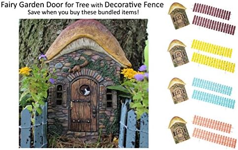 Bundle - 2 Items: Fairy Garden Door that Opens Mushroom Design with Cat and Squirrel for Miniature Fairy Gardens, 2 Cheerful Fairy Fences (Coral Pink)