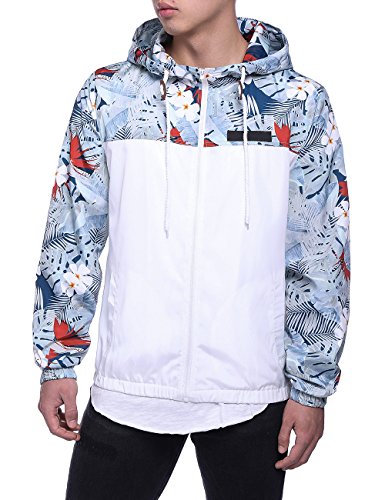 HEQU Men's Floral Hooded Windbreaker Lightweight Zip-Up Jacket with Pocket White XL - Thumbnail 7