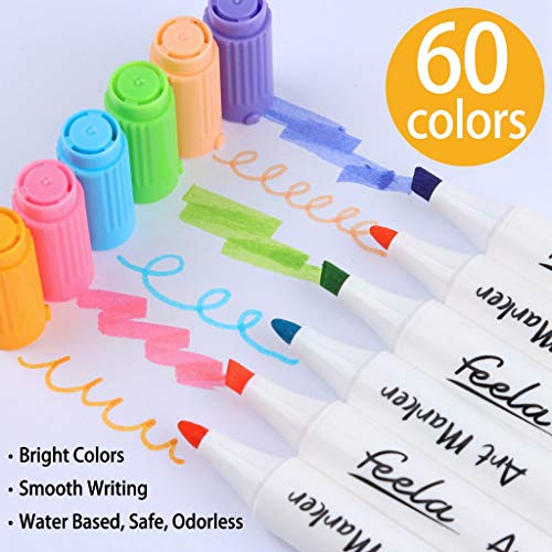 Feela 60 Colors Dual Tips Art Twin Markers, Marker Pens Highlighters with Case for Painting Coloring Sketching Highlighting