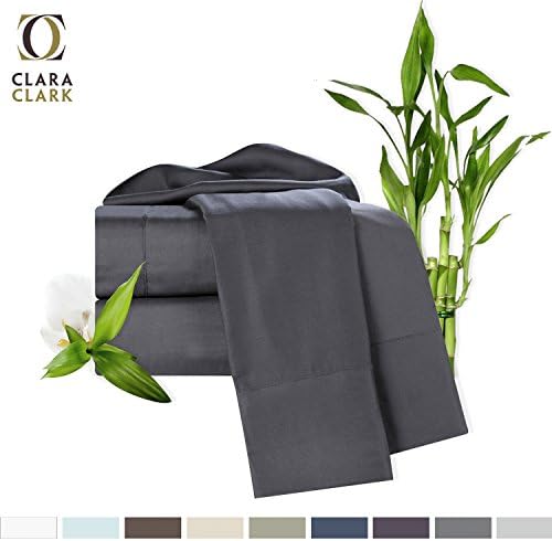 Bamboo Bed Sheet Set, Gray, King Size, By Clara Clark, 100% Rayon Made From Bamboo Sheets, Luxury Super Silky Soft With Extra Thick Corner Elastic Straps On Fitted Sheet, Machine Washable