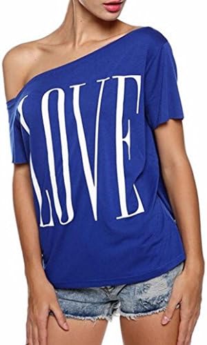 NOMENI Women Love letters Off Shoulder Short Sleeve Blouse Casual Tops T-Shirt (XL, Blue)