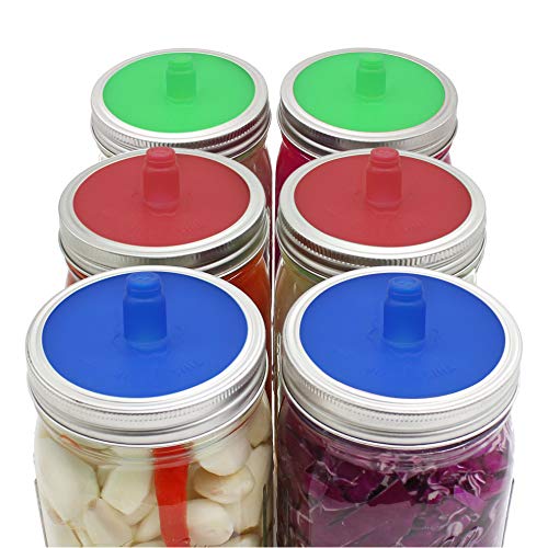 Pack of 6 Waterless Airlock Fermenting Lids for Wide Mouth Mason Jar, Food-Grade Silicone Fermention Lids for Sauerkraut, Kimchi, Pickles and Other Fermented Probiotic Food, 3 Colors