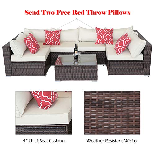 Do4U 7 Pieces Outdoor Patio PE Rattan Wicker Sofa Sectional Furniture Set Conversation Set- Turquoise Seat Cushions & Glass Coffee Table| Patio, Backyard, Pool| Steel Frame (Beige)