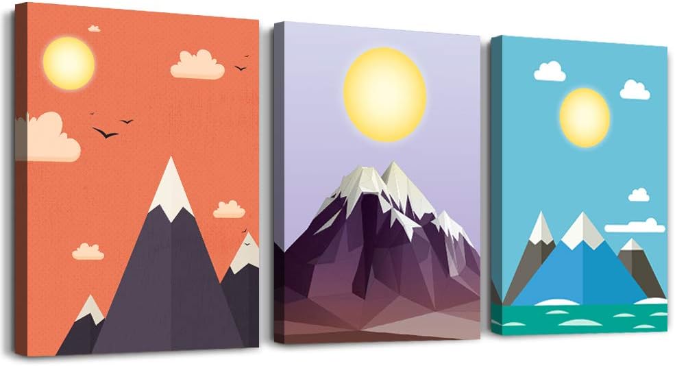 Canvas Prints Wall Art for living room bathroom Wall decor posters color Mountain Abstract Geometry cartoon Wall Artworks Pictures for Living Room Bedroom Home Decoration, 16x24 inch/piece, 3 Panels