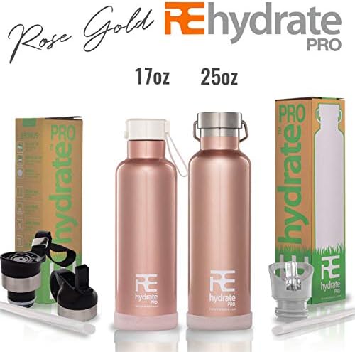 Rehydrate Pro Double Wall Vacuum Stainless Steel Water Bottle. + Extra Caps + Silicone Bumper Coaster. Comparable to Hydroflask, Camelbak, Yeti