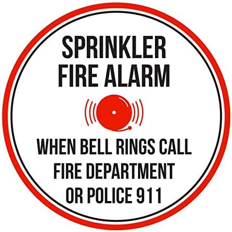 Sprinkler Fire Alarm When Bell Rings Call Fire Dept Or Police 911 Red, Blk & White Business Warning Signs Stickers Funny Commercial Safety Signs Decals Round Vinyl Notice Sign Stickers 9x9 Inches