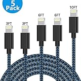 TNSO MFi Certified Phone Cable 5Pack 3FT 3FT 6FT 6FT 10FT Nylon Braided USB Charging & Syncing Cord Compatible with Phone Xs max Phone 8 8 Plus 7 7 Plus 6s 6s Plus 6 6 Plus (Blue)