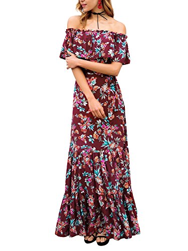 bohemian off shoulder ruffled floral print maxi dress