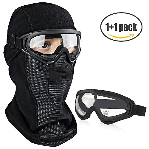 Balaclava Ski Face Mask, Vanmor Windproof Outdoor Ski Mask + UV400 Protection Anti-fog Ski Goggles for Cycling, Biking, Ski and Snowboard for Kids Men and Women (Black Mask + Clear Lense)