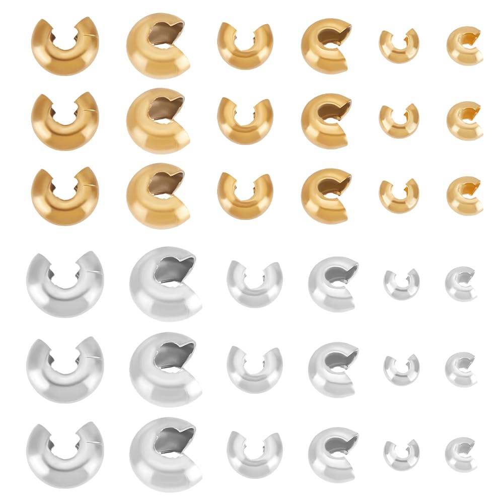UNICRAFTALE 120pcs 2 Colors 6 Styles 304 Stainless Steel Crimp Beads Covers Metal Spacer Beads Half Rondelle Small Smooth Loose Round Beads Caps Crimping Beads for Crafts Jewelry Making