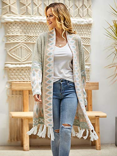 Ferbia Women Boho Cardigan Open Front Long Maxi Knit Sweaters Aztec Tribal Tassel Fringe Thin Coat