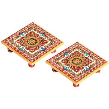 Handicrafts Paradise Marble Chowki Pair with Intricate Floral Painting