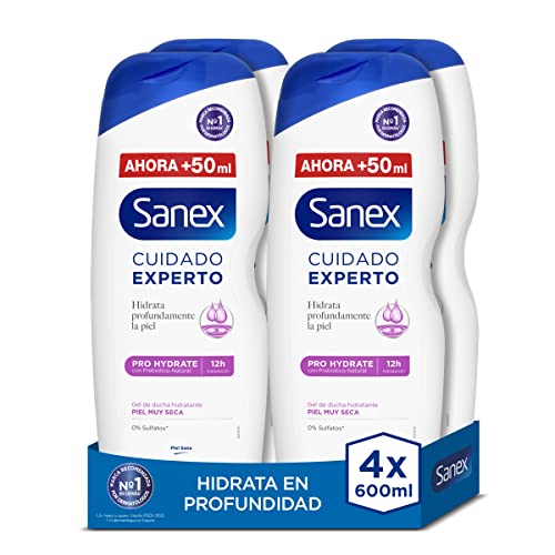 Expert Pro Hydrate Pflege-Duschgel, 4 Stück x 600 ml, Formel mit natürlichem Präbiotikum, spendet der Haut tiefe Feuchtigkeit, 12H Feuchtigkeit, 0% Sulfate für sehr trockene Haut