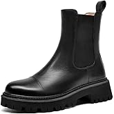 BEAU TODAY Chelsea Boots for Women, Chunky Platform Leather Chelsea Boots Womens Ankle Boots Round Toe Winter Dress Fashion Booties