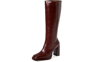 Dsevht Dark Red Leather Knee High Boots for Women Platform Chunky Block Heeled Burgundy Boots Square Toe and Side Zipper Design Fashion Dress 70s Gogo Boots