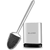 Sellemer Silicone Toilet Brush, Ventilation Slots Base Holder 1 Pack Silver | Flexible Bristles Flat Head for Rim, Hair Tangle-Free, Easy to Clean, Compact Design, Rustproof Handle, for Toilet/Sink/Tub