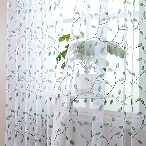 Tollpiz White Leaf Embroidered Sheer Curtains - Rod Pocket Voile Window Panels, Set Of 2, 30 X 36 Inches, Light Filtering For Kitchen Bathroom