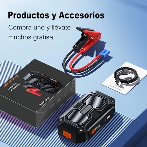 Arrancador de Batería de Coche, 12V Arrancador de Bateria de Auto Portátil, Cargador de Batería de Auto para Motores de Gasolina de 6,0L y Motores Diésel de 4,0L, Jump Starter Para Automóvil Moto etc