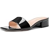 TNYNFBEB Womens Chunky Block Low Heel Open Square Toe Sandals Mules Shoes Slip-on Prom Party Dress Patent Leather 1.4 Inches Heels