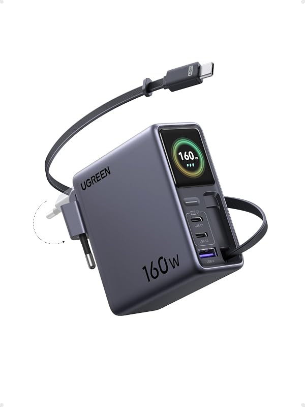 Nexode Pro 160W USB C Ladegerät mit einziehbarem Kabel, TFT Display