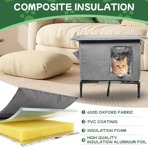 Cat House Weatherproof with Aluminum Film Insulation, All Season Insulated Cat Shelter for Stray & Feral Cats, Collapsible with Door, Easy to Assemble, Waterproof & Windproof Design for Yard(Grey)