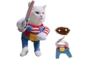 HAPPIESTHOMER Cat Halloween Costumes Deadly Doll Cat Funny Chucky Costumes with Knife Wig for Party Cosplay Holiday Dress Up Cool Cute Cat Outfit Scary Spooky Kitty Apparel (Cat Halloween Costume)