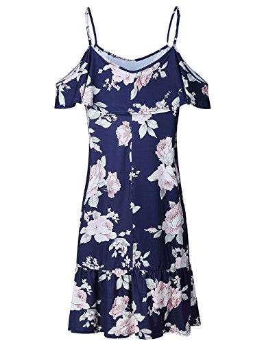 Poptem Womens Sexy Midi Dress V-Neck Off Shoulder Spaghetti Strap Ruffles Floral Casual Summer Beach Sundresses