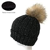 Womens Winter Ultra-Thick dual layered knit beanie Knitted Fur Warm Cap With Large Raccoon Pom Pom Beanie Hats, Black, one pack