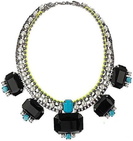 Wiipu Retro Big Resin Stone Pendent Charm Artificial Pearl Diamond Black Necklace(D200)