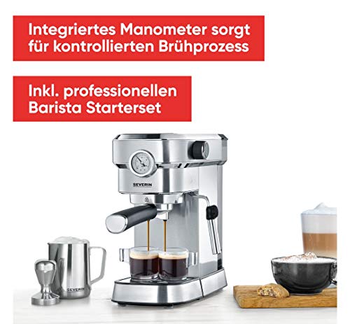 SEVERIN Espressomaschine "Espresa Plus", Siebträgermaschine mit 3 Einsätzen, Kaffeemaschine mit Milchschäumer und Manometer, inkl. Barista-Starterset, Edelstahl-gebürstet/schwarz, KA 5995 – Bild 3