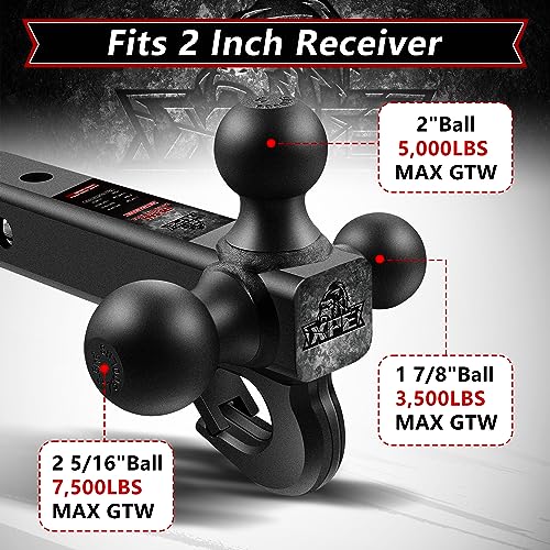 XPE Tri Ball Trailer Hitch Mount with Hook Fits 2 Inch Receiver Matte Black | 3-in-1 Tow Hitch with 1-7/8" 2" and 2-5/16" Interchanging Balls