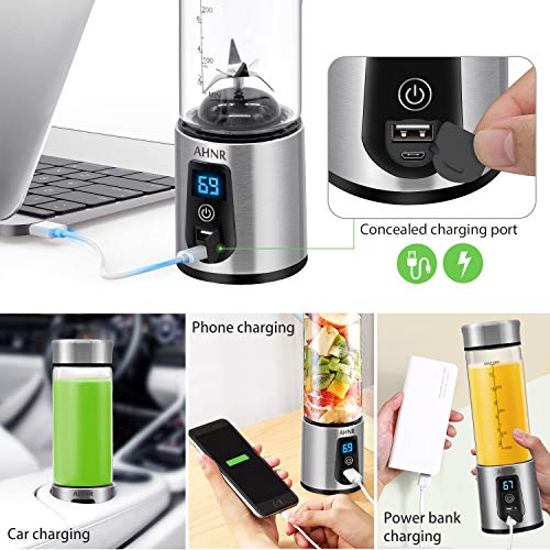 Portable Blender, Personal Smoothie Blender with USB Rechargeable, AHNR 15oz Small Blender Juicer Mixer Six Blades for Shakes,Smoothies,Fruit Vegetables Drinks (FDA, BPA Free)