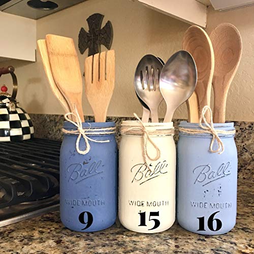 image for VivasFlowerShop Mason Jar Kitchen Utensil Set, Painted and Distressed 