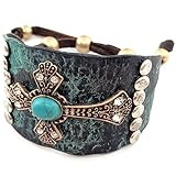 Western Peak Western Silver Rhinestone Hammered Plate Cross Turquoise Black Leather Cuff Bracelet Patina (Blue)