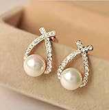 Sunshiny Fashion Ladies Fine Jewelry Women Elegant Cross Rhinestone Cross Curve Lmitation Pearl Studs Earrings Ear Studs (Gold)