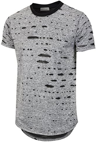 Mens Hipster Hip Hop Elong Round Hemline Crewneck Holes Design T-shirt （05-3）(Gray, Medium)