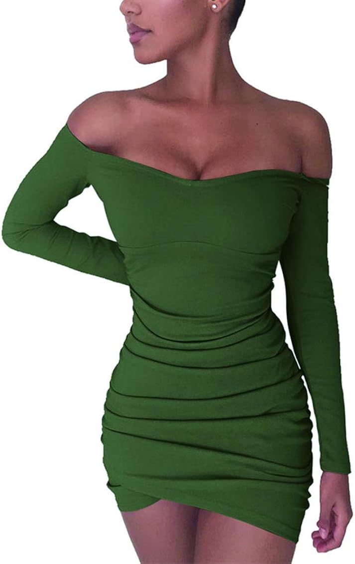 Amazon.com: Chemenwin Women's Sexy Off Shoulder Long Sleeve Club Bodycon Tight  Short Mini Tunic Dress (Small, Army Green) : Clothing, Shoes u0026 Jewelry