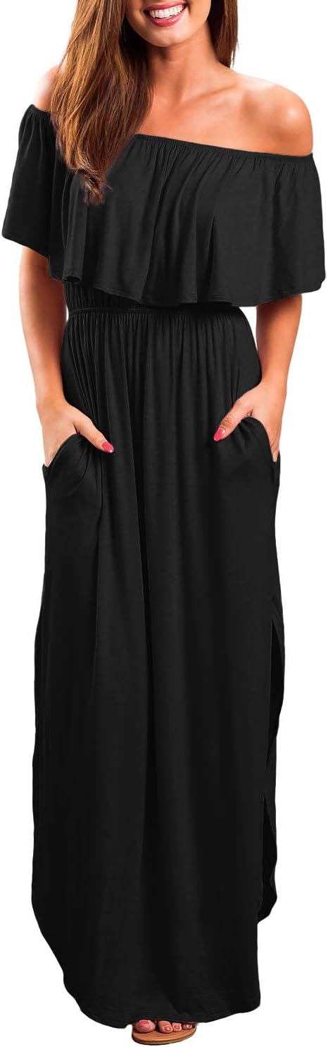 Womens Off The Shoulder Ruffles Pockets Dress Side Split Maxi Dresses