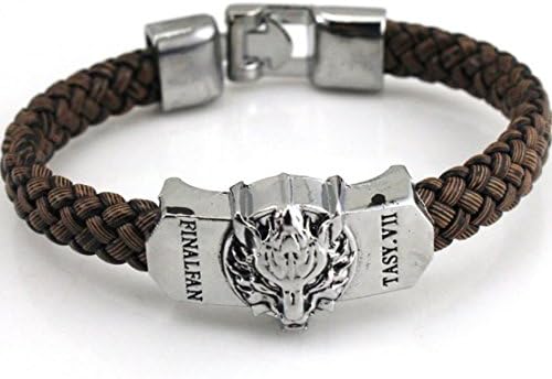 Mens Bracelet Pu Leather Woven Stainless Steel Lobster Clasp Bracelet Punk Jewelry (Final Fantasy Wolf head)